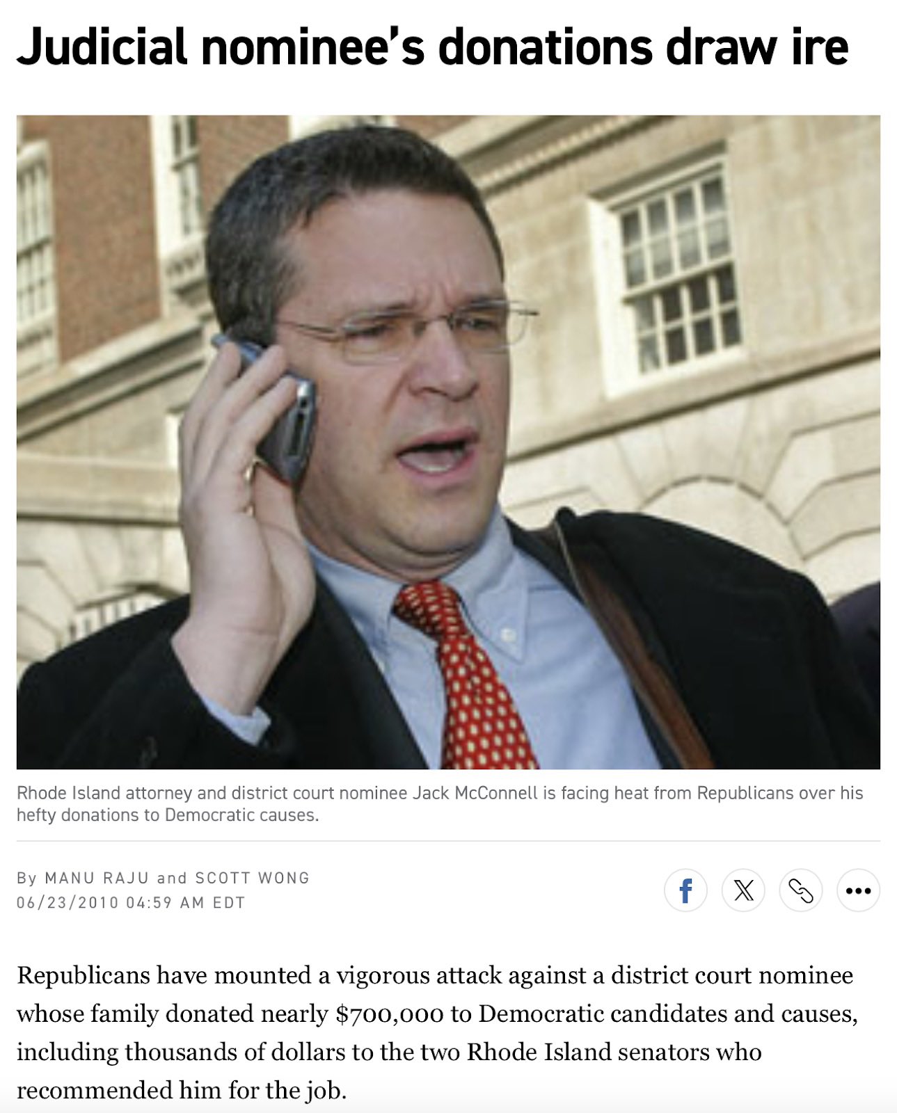 America First Legal graphic: Politico screenshot, June 23, 2010, Judicial nominee’s donations draw ire, Jack McConnell